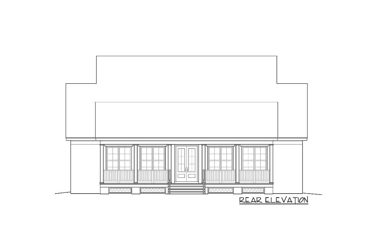 Rear elevation of a house plan with a covered porch, double doors, and five windows.