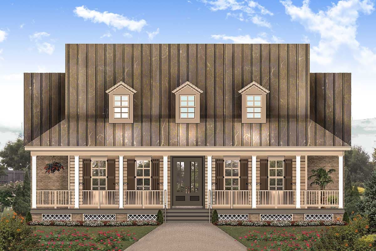 House plan exterior with Craftsman style. Features include a covered front porch, three dormers, and vertical siding on a single-story structure.