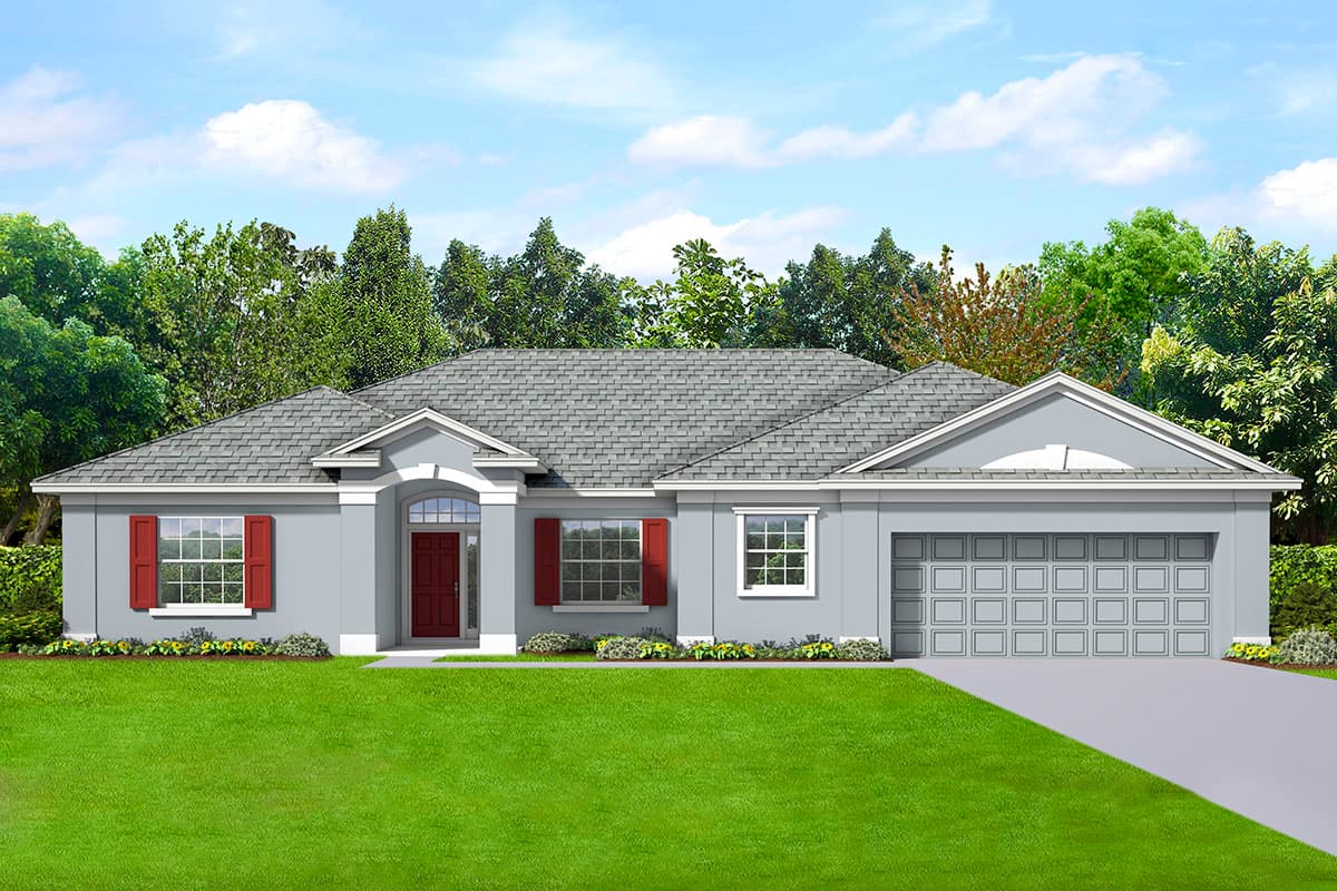 House plan exterior. Ranch style with a single story. Features include a front porch, gables, and an attached garage.