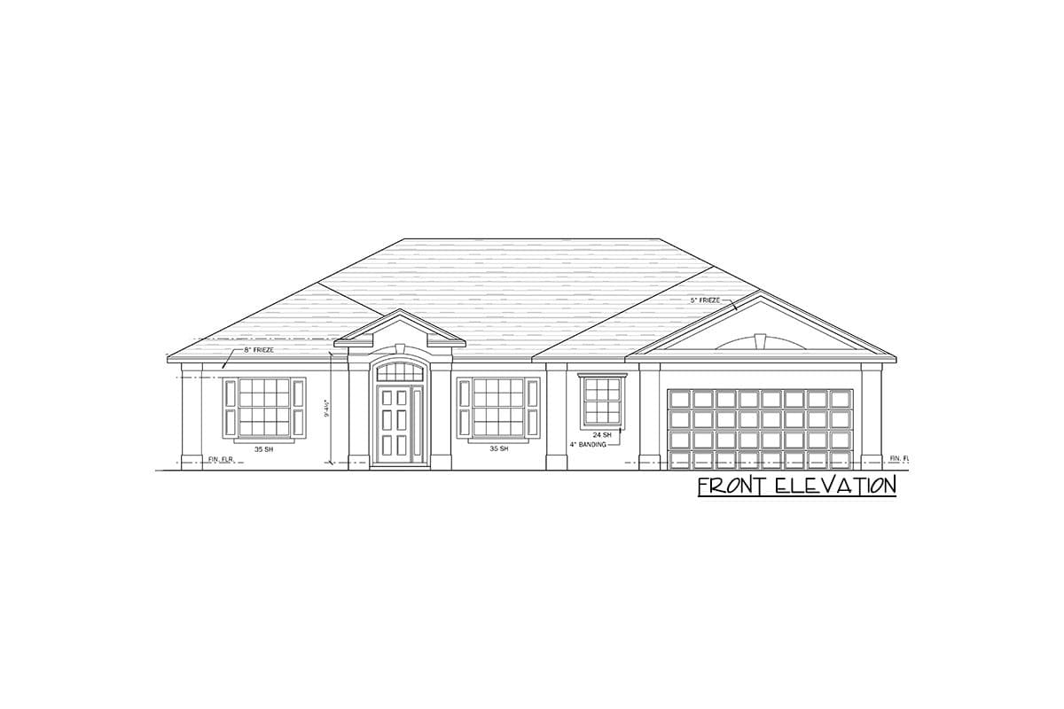 Front elevation drawing of a one-story house with a symmetrical facade, featuring a central entrance, multiple windows, and a two-car garage.