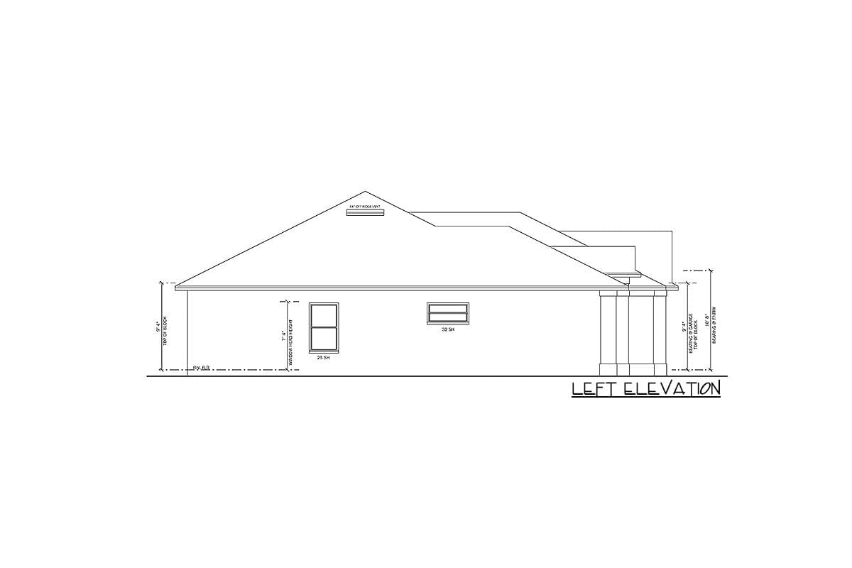 House plan left elevation drawing showing two windows, a covered entry with columns, and roof vent.