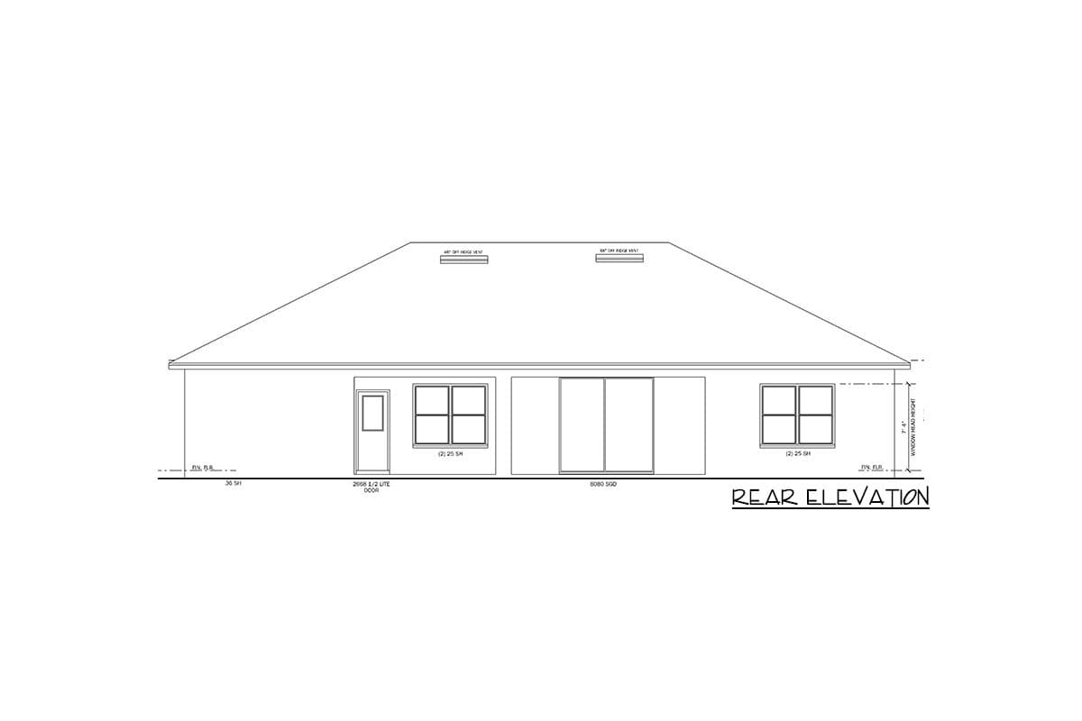 Rear elevation house plan showing a door, two windows, and sliding glass doors with a gable roof and ridge vents.