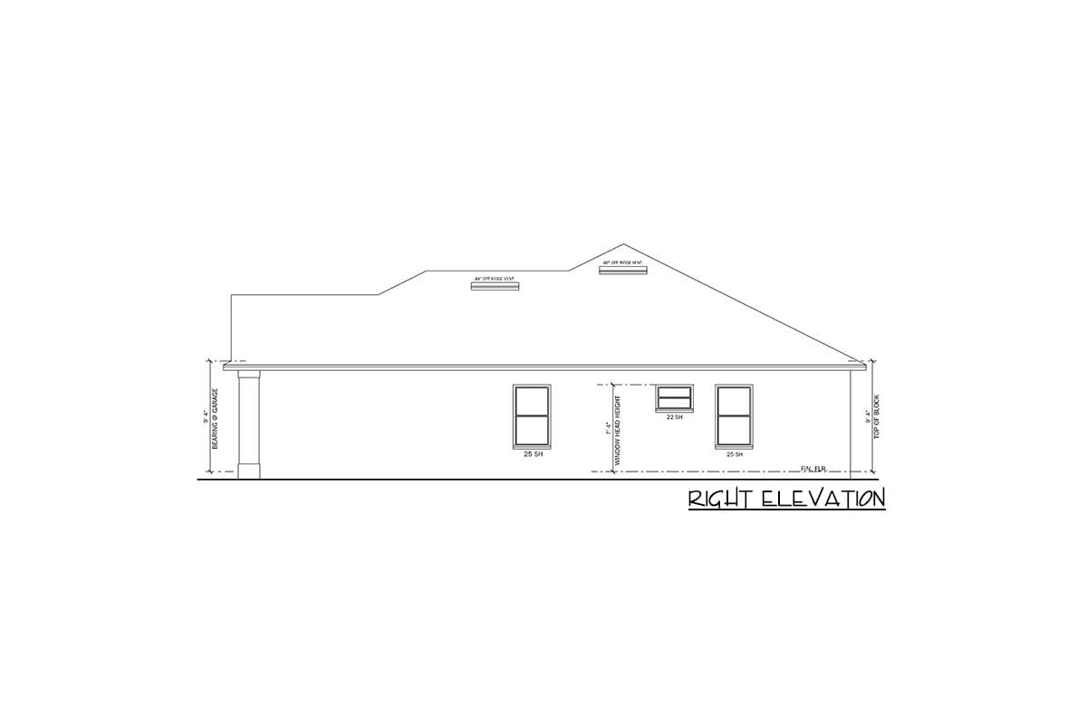 Right elevation house plan showing a sloped roof with ridge vents, three windows, and bearing garage.
