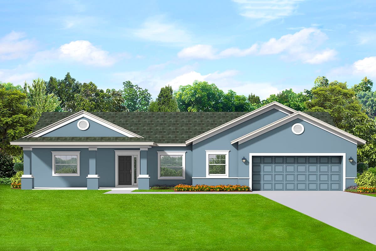 House plan exterior. Ranch style with a gabled roof, a front-entry garage, and decorative round vents in the gables.