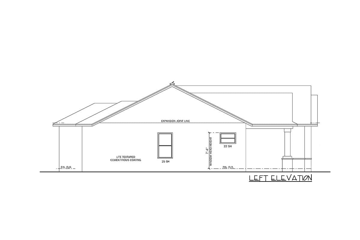 Left elevation of a house plan showing two windows, a covered porch with columns, and lite textured cementitious coating.