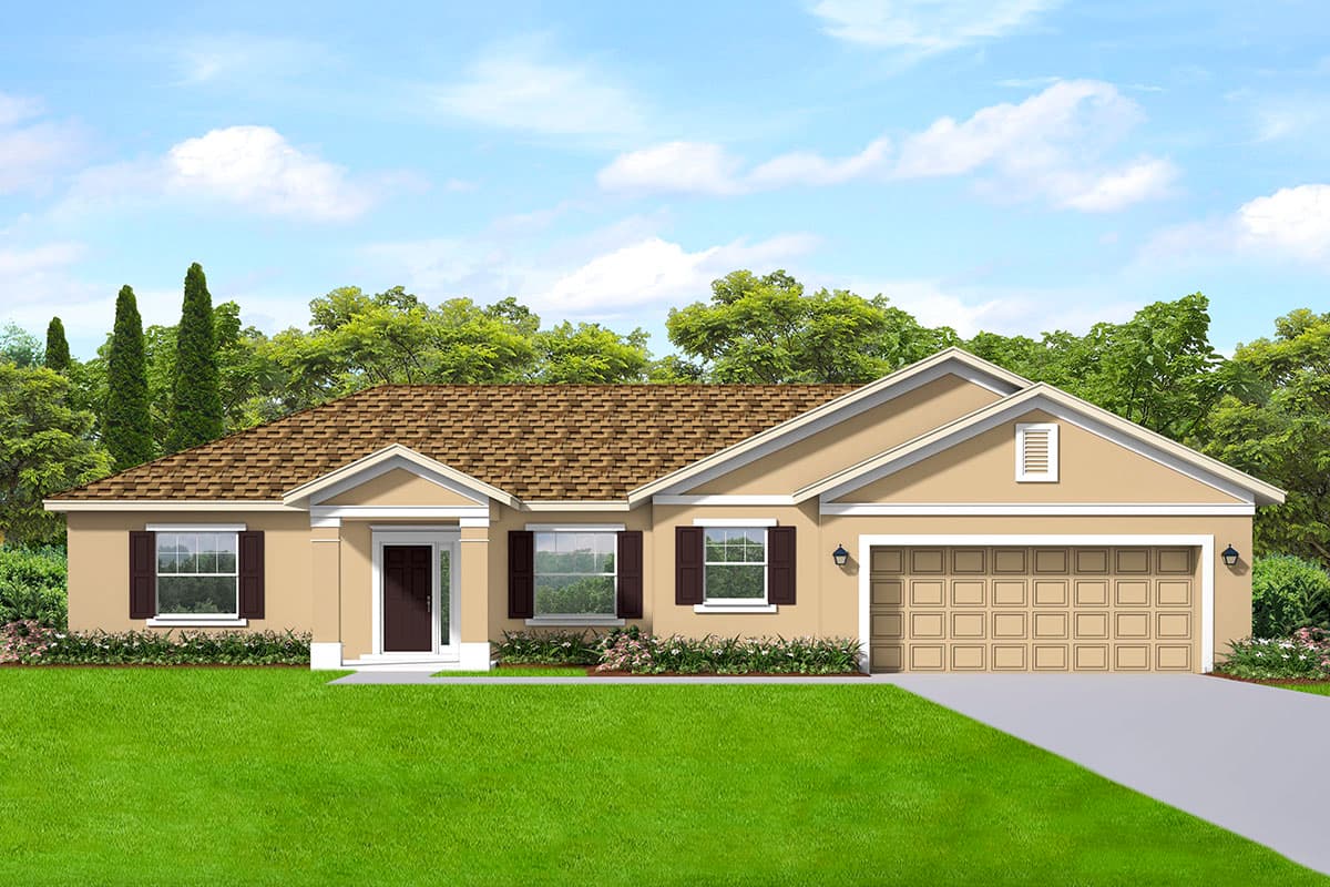 House plan exterior. Ranch style with a single story, gable roof, and attached two-car garage. Features include shutters and decorative trim.