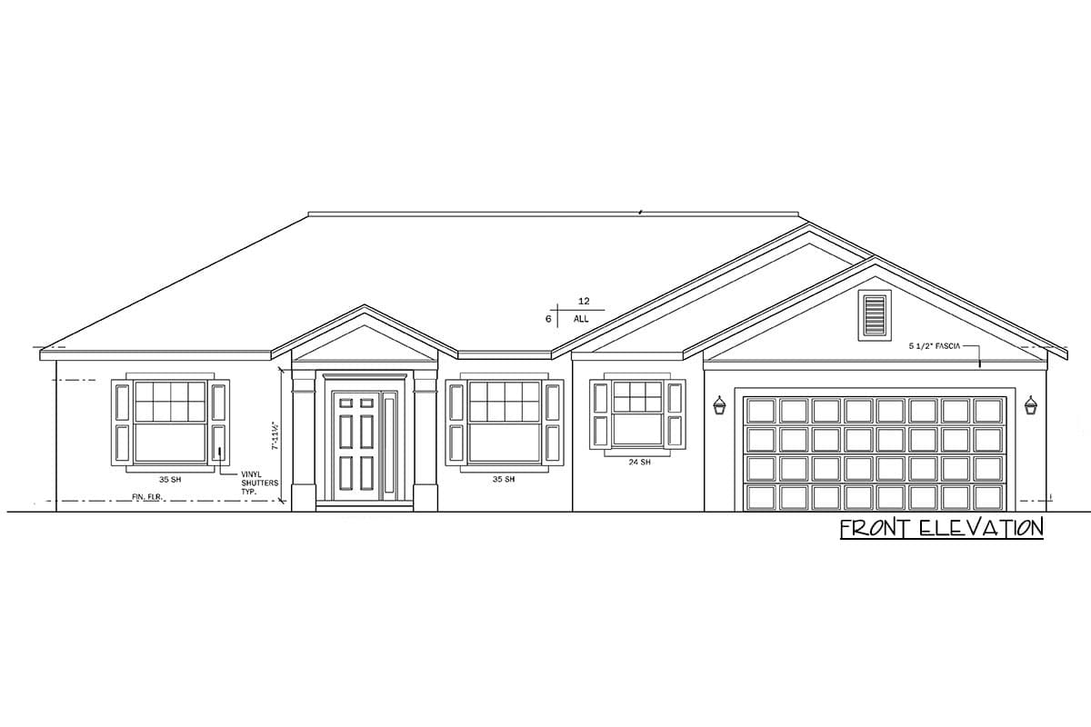 Front elevation drawing of a one-story house with a covered entryway, multiple windows with shutters, and a two-car garage.