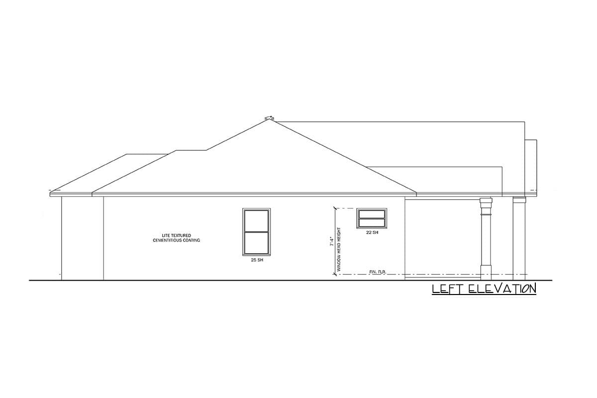 Left elevation house plan showing a gabled roof, two windows, and a covered porch with columns.