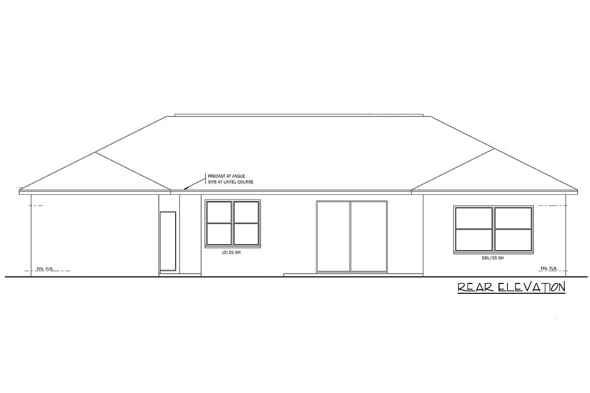 Rear elevation of a house plan showing a pitched roof, windows, and sliding glass doors.