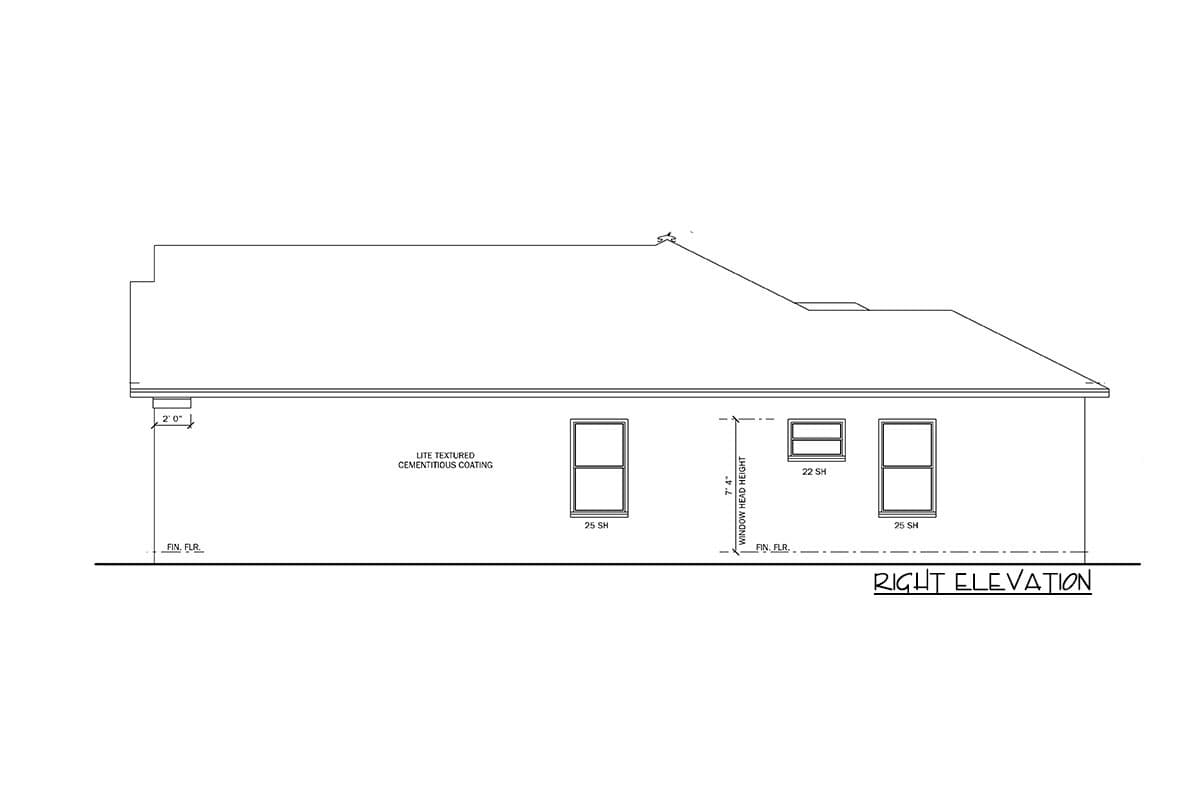 Right elevation house plan showing lite textured cementitious coating and two windows with different sizes.