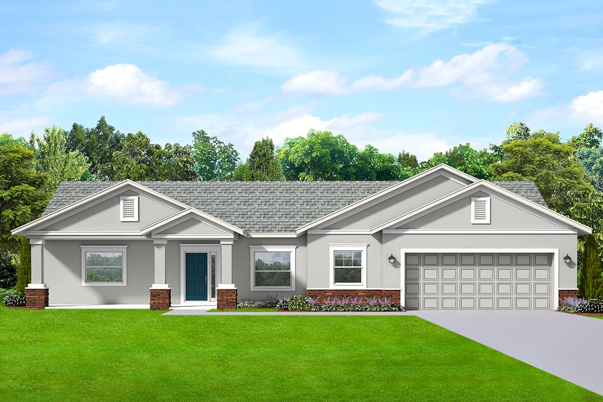 House plan exterior. Single-story ranch-style home with a gable roof, covered porch, and attached two-car garage.