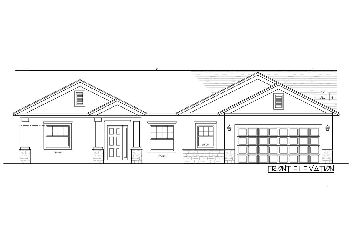 Front elevation drawing of a one-story house with a covered entry, multiple gables, and a two-car garage.