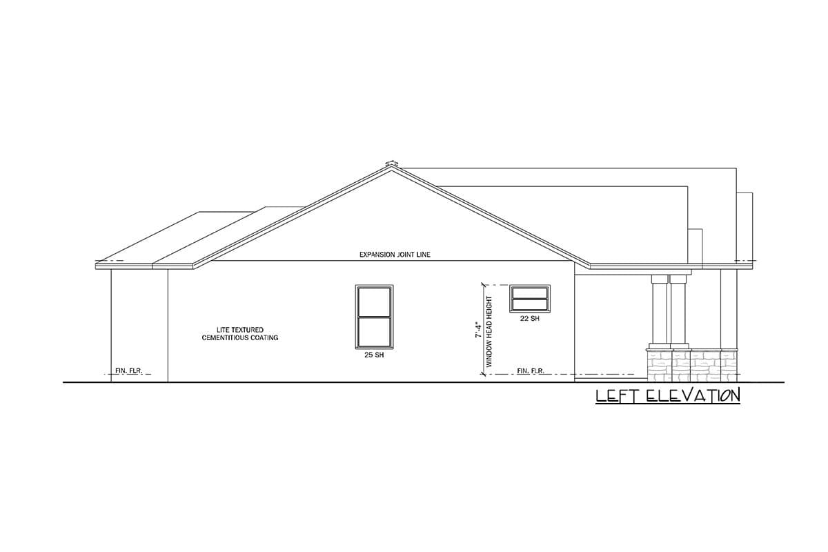 Left elevation house plan showing windows, a covered porch with stone base, and lite textured cementitious coating.