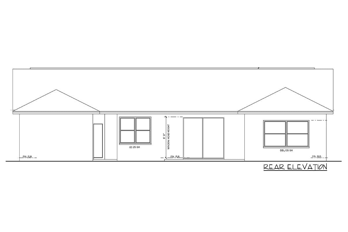 Rear elevation house plan drawing showing a single-story structure with a gable roof, a door, and three window assemblies.
