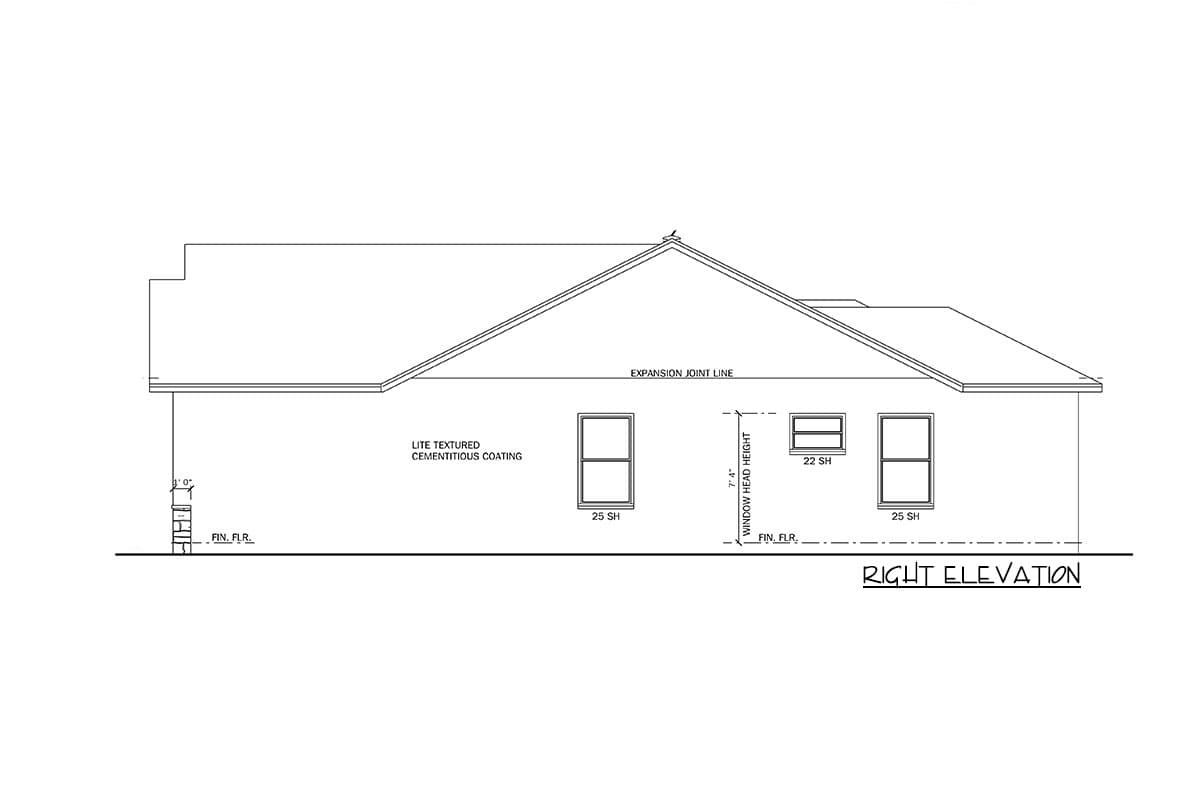 Right elevation drawing showing a house plan with a sloped roof, lite textured cementitious coating, and two window styles.