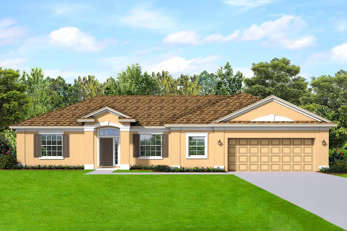 House plan exterior featuring a single-story Ranch style home with a gable roof, covered entry, and attached garage.
