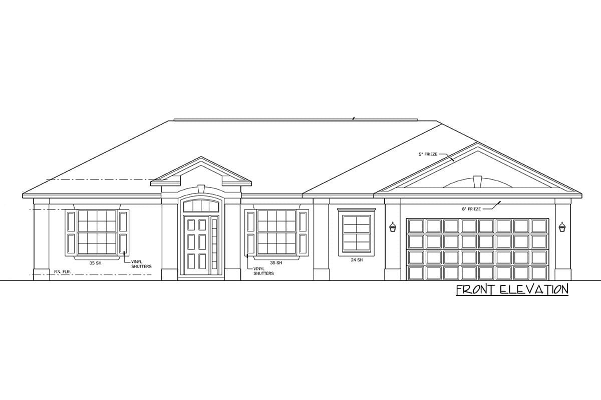 Front elevation house plan with a central entrance, bay windows, and a two-car garage. Features vinyl shutters and a gable roof.