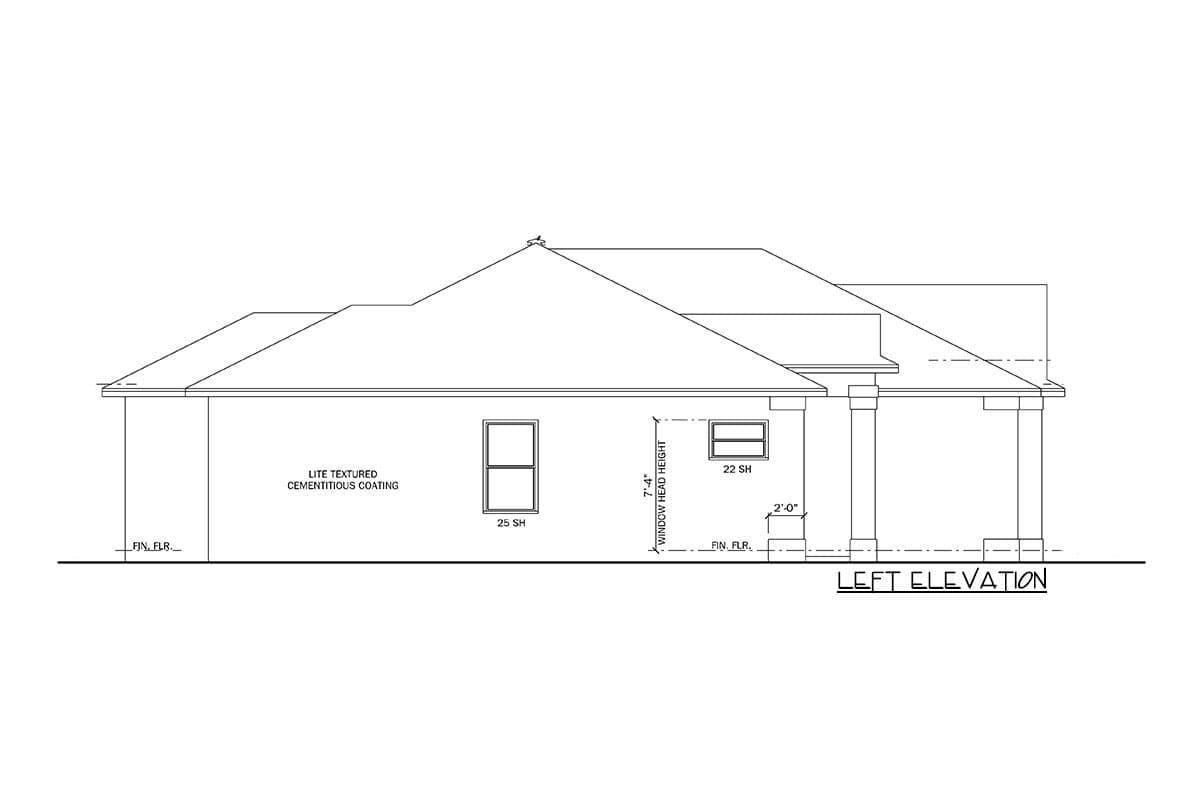 Left elevation house plan showing a single-story structure with textured cementitious coating, two windows, and a covered porch area.