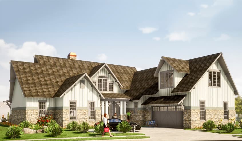 House plan exterior. Modern Farmhouse style with two stories, gabled rooflines, stone veneer, dormers, and an attached garage.