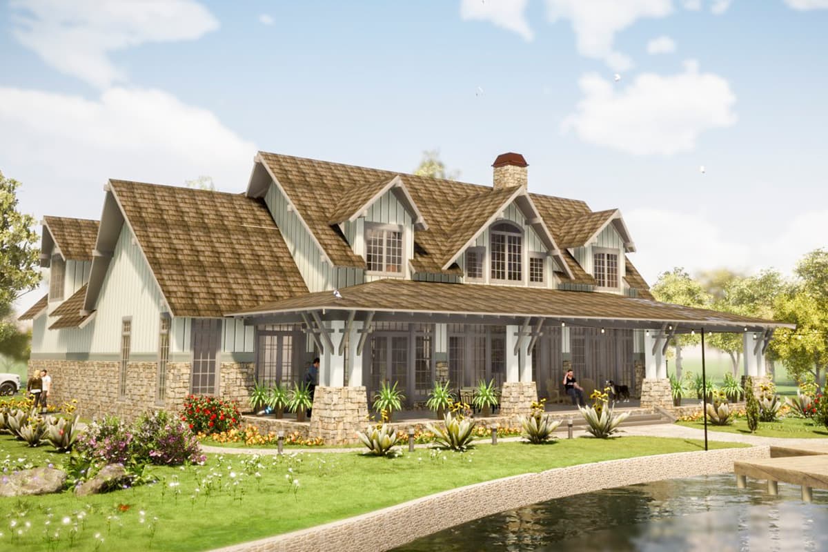 House plan exterior: Two-story Modern Farmhouse with wrap-around porch, stone foundation, and multiple gables.