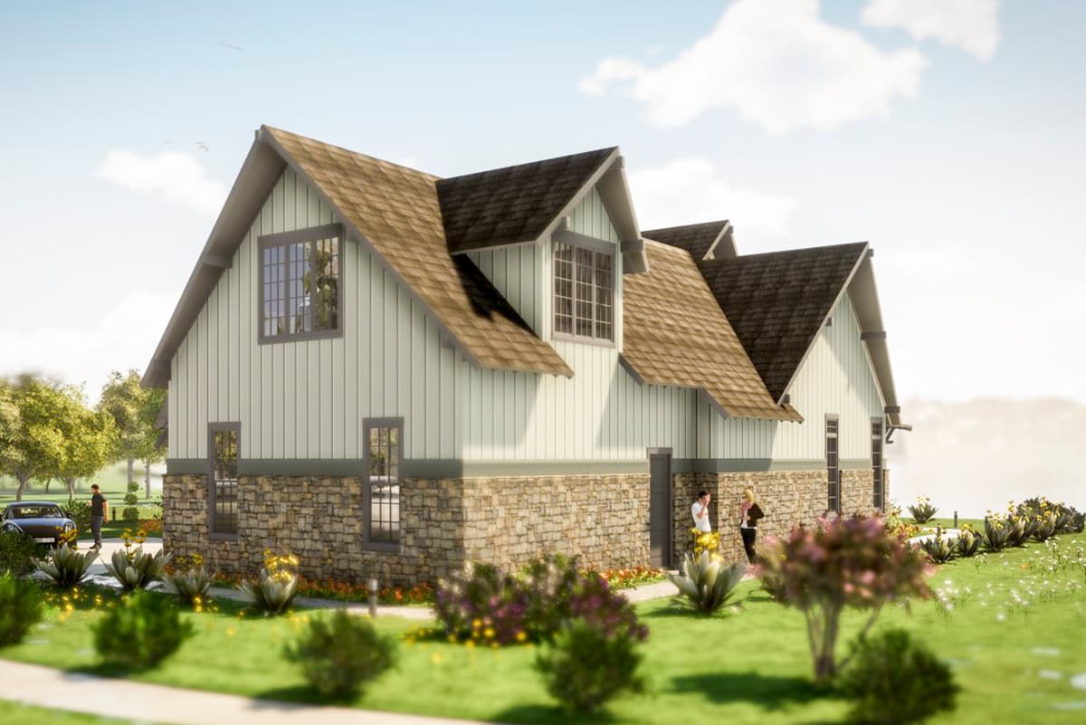 House plan exterior rendering with stone foundation, vertical siding, and multiple gables.