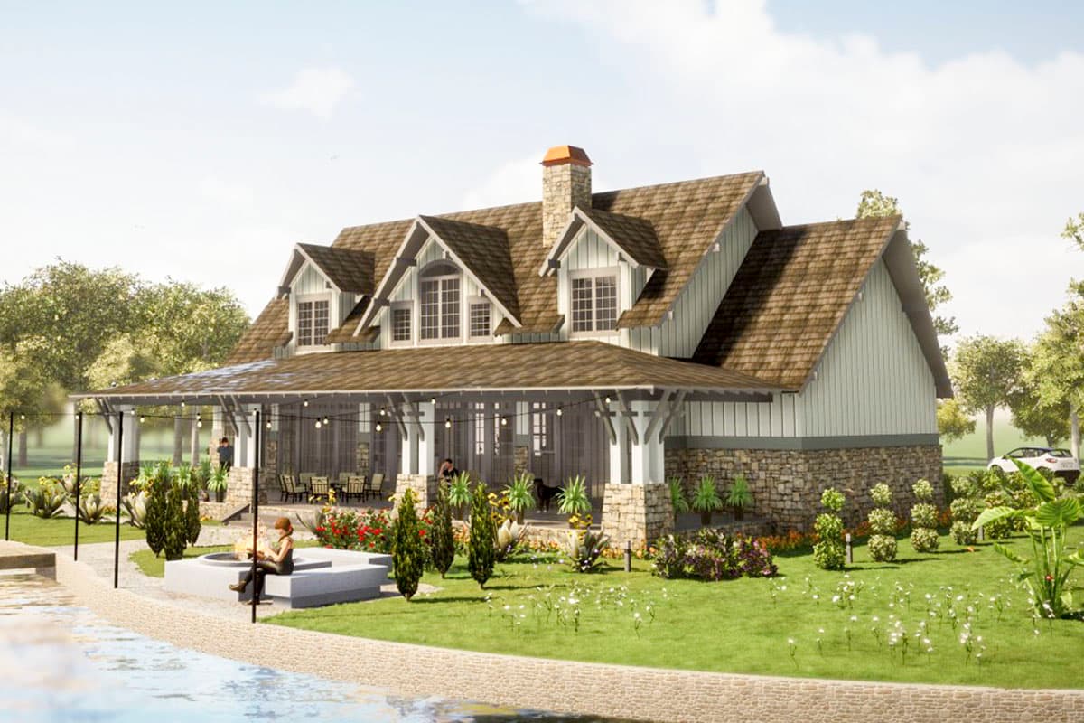 Modern Farmhouse house plan exterior with stone foundation, wide covered porch, dormers, and multiple gables.