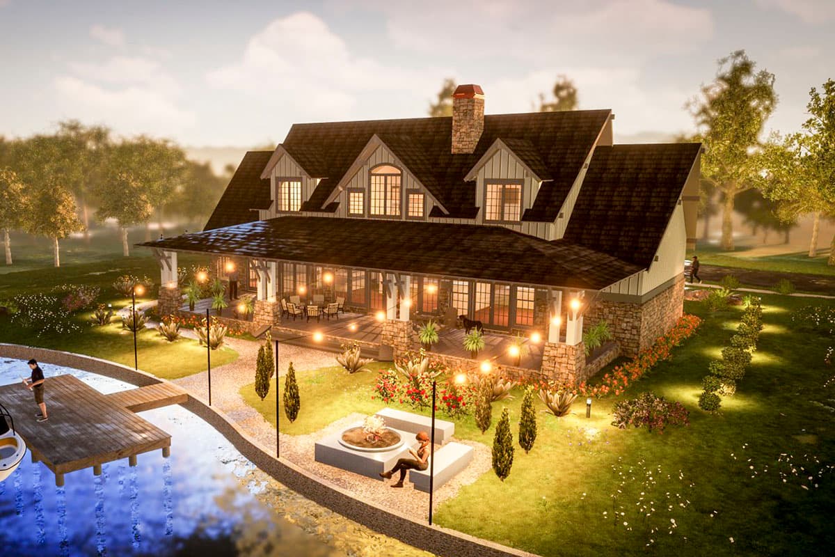Craftsman style house plan exterior with full-length porch, stone accents, multiple gables, and dormer windows.