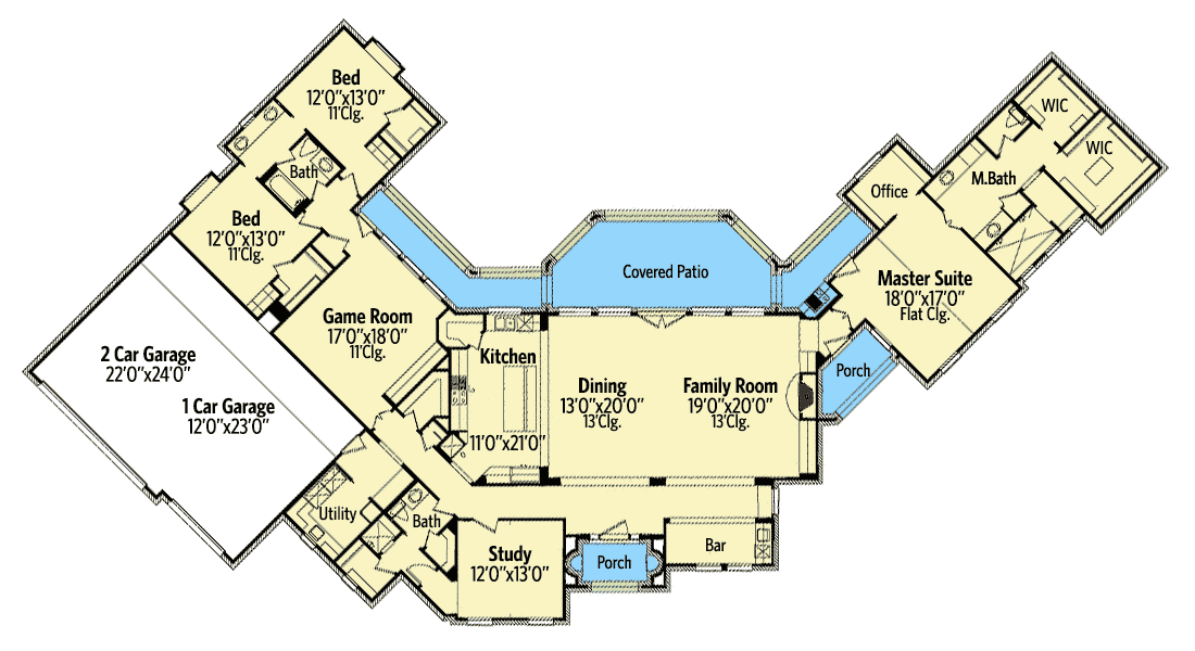 Plan 36574TX: 3-Bed Southern Home Plan with Private Master Wing - Floor Plan - Main Level - Country, Southern