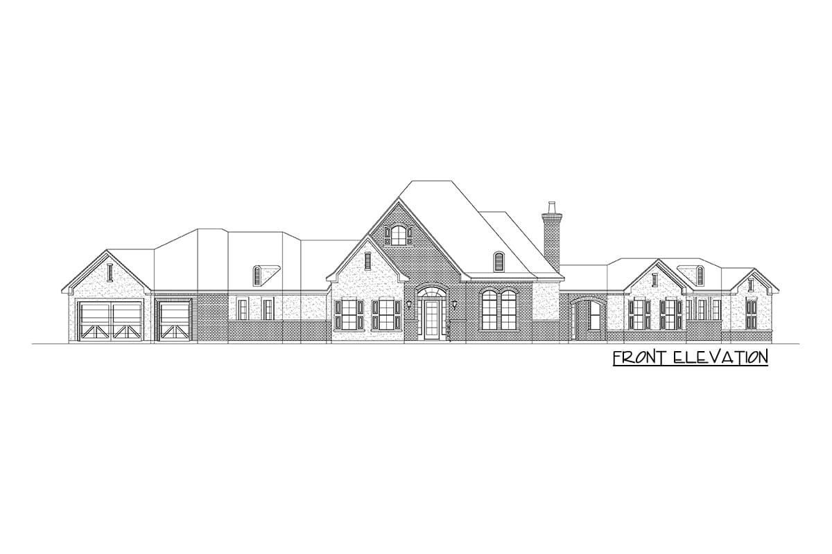 Front elevation house plan drawing with brick facade, arched entry, multiple gables, dormers, and attached garages.