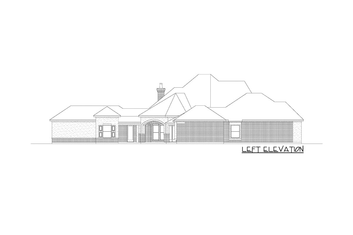 Left elevation house plan drawing with brick exterior, arched entryway, gables, and chimney.