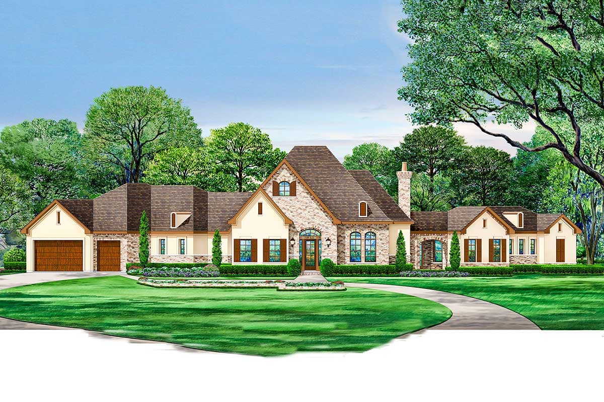 House plan exterior. Two-story French Country style home with a stone facade, multiple gables, and a prominent chimney.