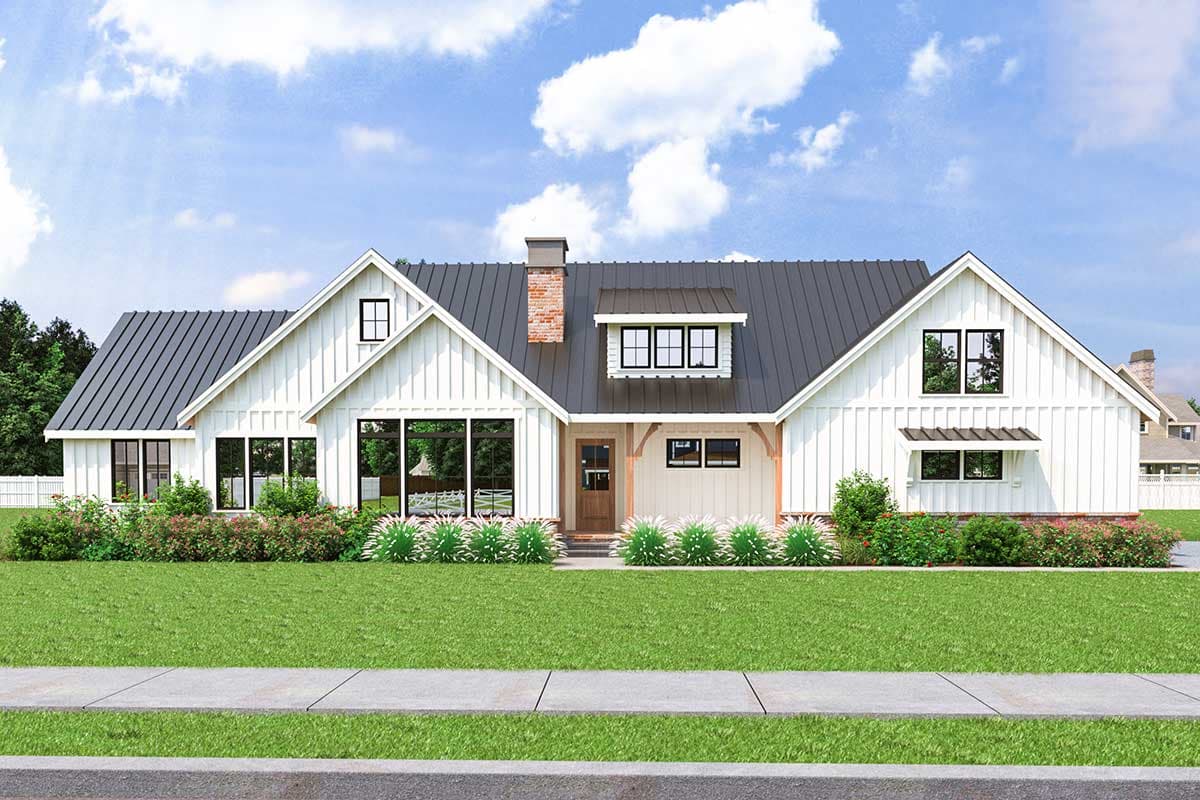 House plan exterior. Modern farmhouse style with two stories. Features include gabled rooflines, dormers, and a covered entry porch.