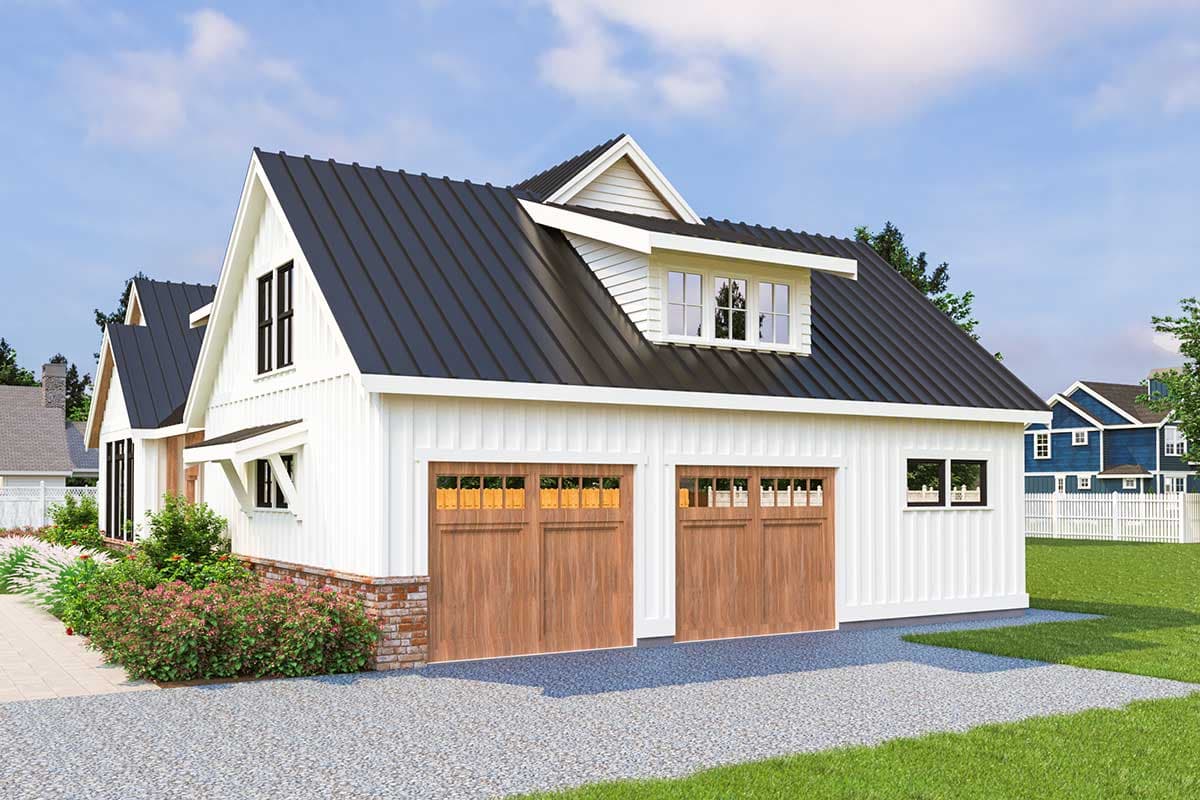 Modern Farmhouse house plan exterior with white board-and-batten siding, a dark metal gable roof, and two garage doors.