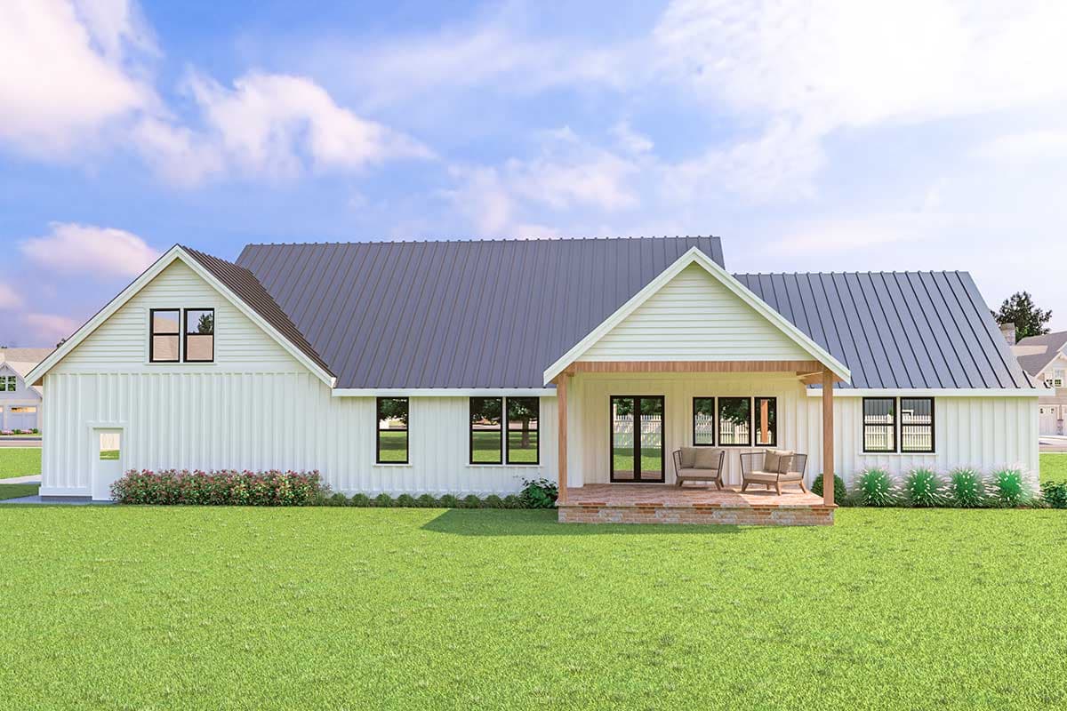 House plan exterior: Modern Farmhouse style, one story, with a covered porch, metal roof, and board and batten siding.