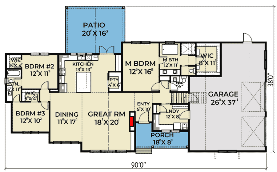 Plan 280051JWD: 3-Bed Farmhouse Plan with Optional Bonus Room above Garage - Floor Plan - Main Level - Country, Modern Farmhouse, New American, Ranch