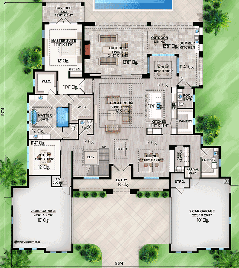 Plan 86085BW: Sophisticated Florida Home Plan with Spacious Covered Lanai - Floor Plan - Main Level - Coastal, Contemporary, Florida-Style, Southern, Vacation