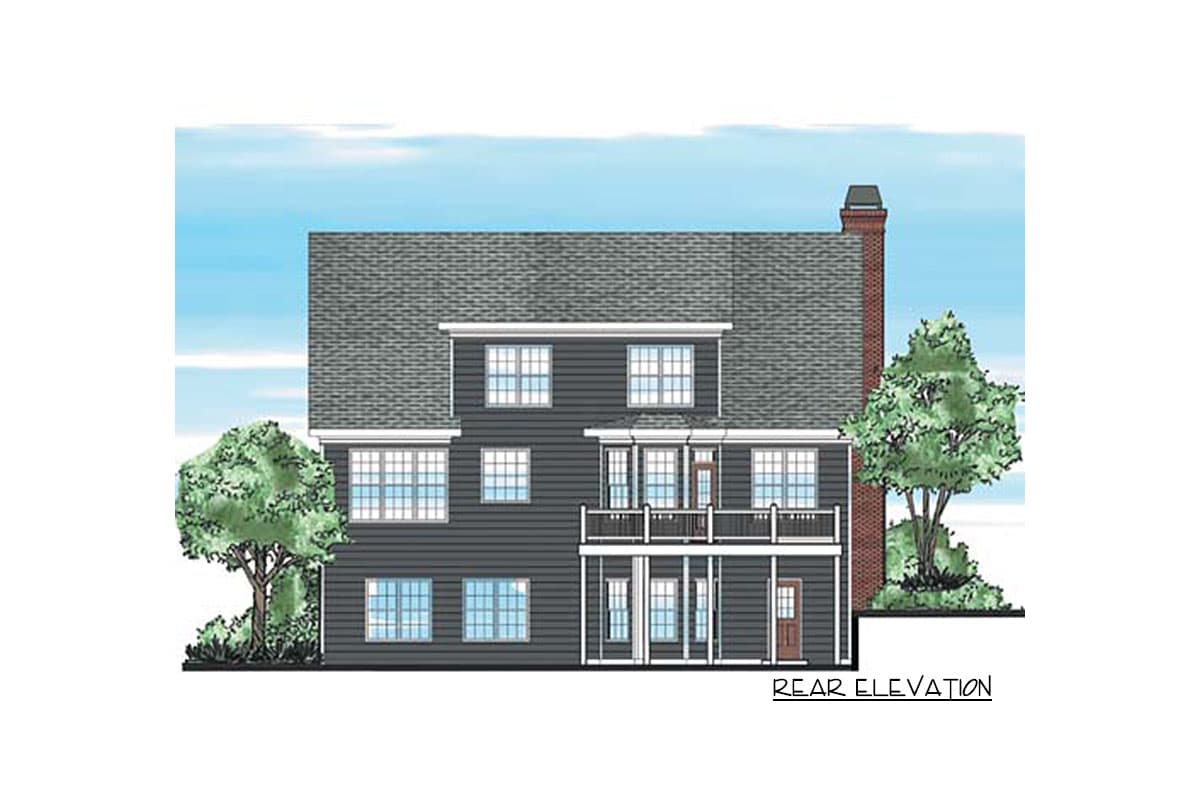 Rear elevation house plan with a two-story structure, dark siding, multiple windows, a balcony, and a brick chimney.