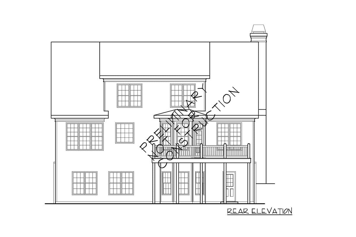 Rear elevation drawing of a house plan with multiple windows, a deck, and a lower-level door.