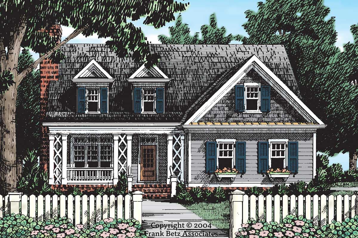 House plan exterior. Two-story Colonial style with gabled roof, dormers, and front porch. Features include shuttered windows and a picket fence.