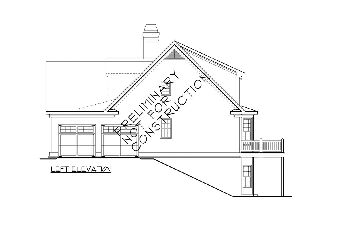 Left elevation house plan with three-car garage, gabled roof, dormer, and deck.