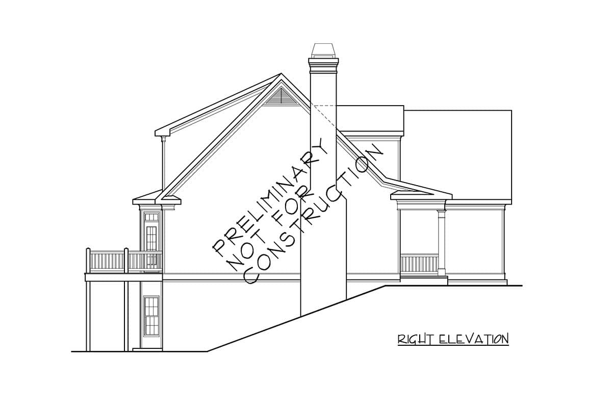 Right elevation house plan drawing shows a multi-story house with a prominent chimney, gables, a second-story deck, and a front porch.