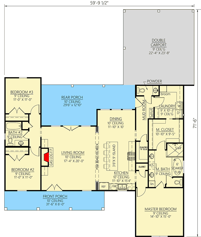 Plan 56447SM: 3-Bed Cottage-Style Farmhouse with Expansive Rear Porch and Double Carport - 1830 Sq Ft - Floor Plan - Main Level - Cape Cod, Cottage, Country, Farmhouse, Modern Farmhouse, Traditional