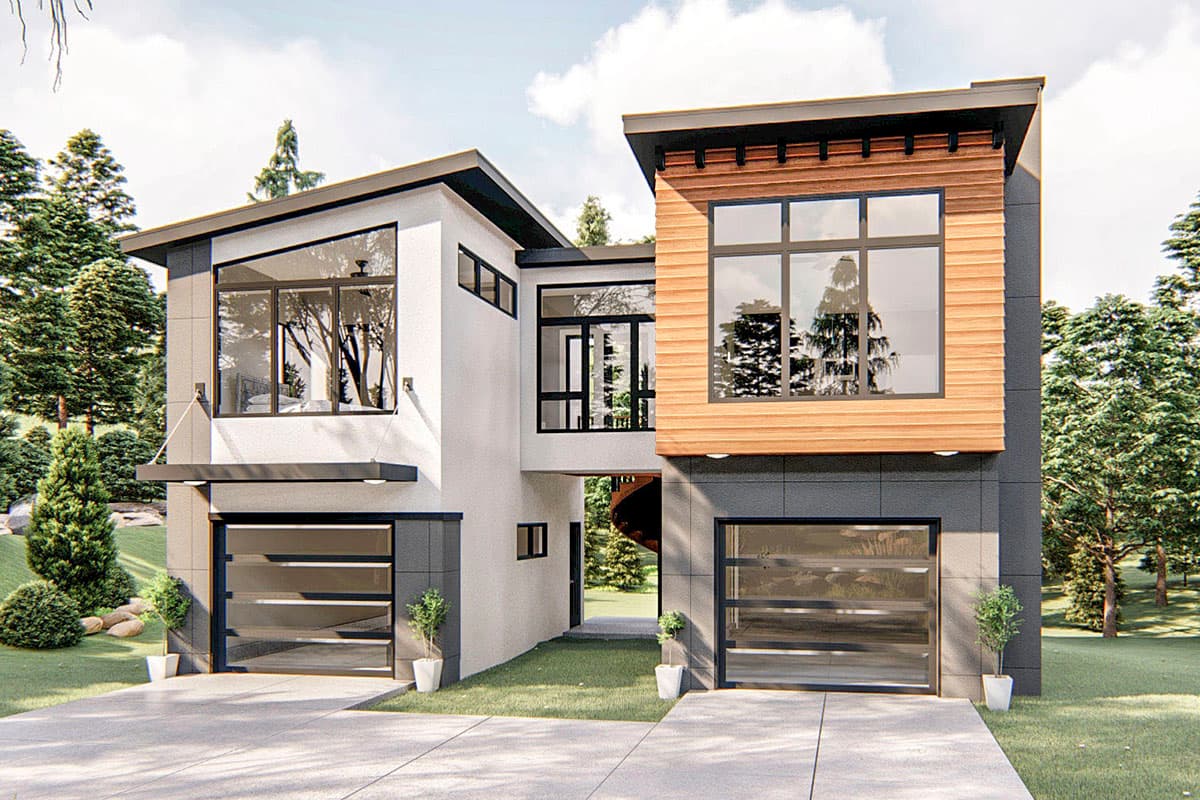 Modern house plan exterior with two stories, flat roof, and two-car garage. Features wood siding accent and large windows.