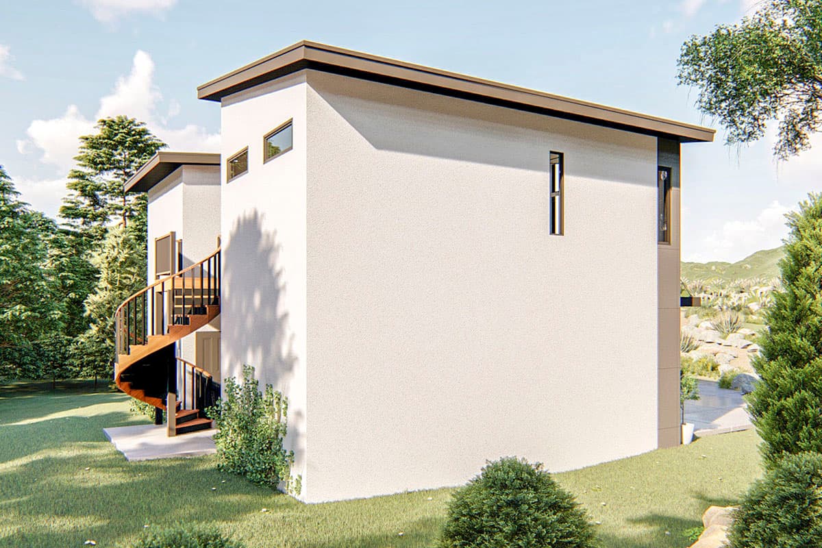 Modern house plan exterior with stucco walls, flat roof, narrow windows, and exterior spiral staircase.