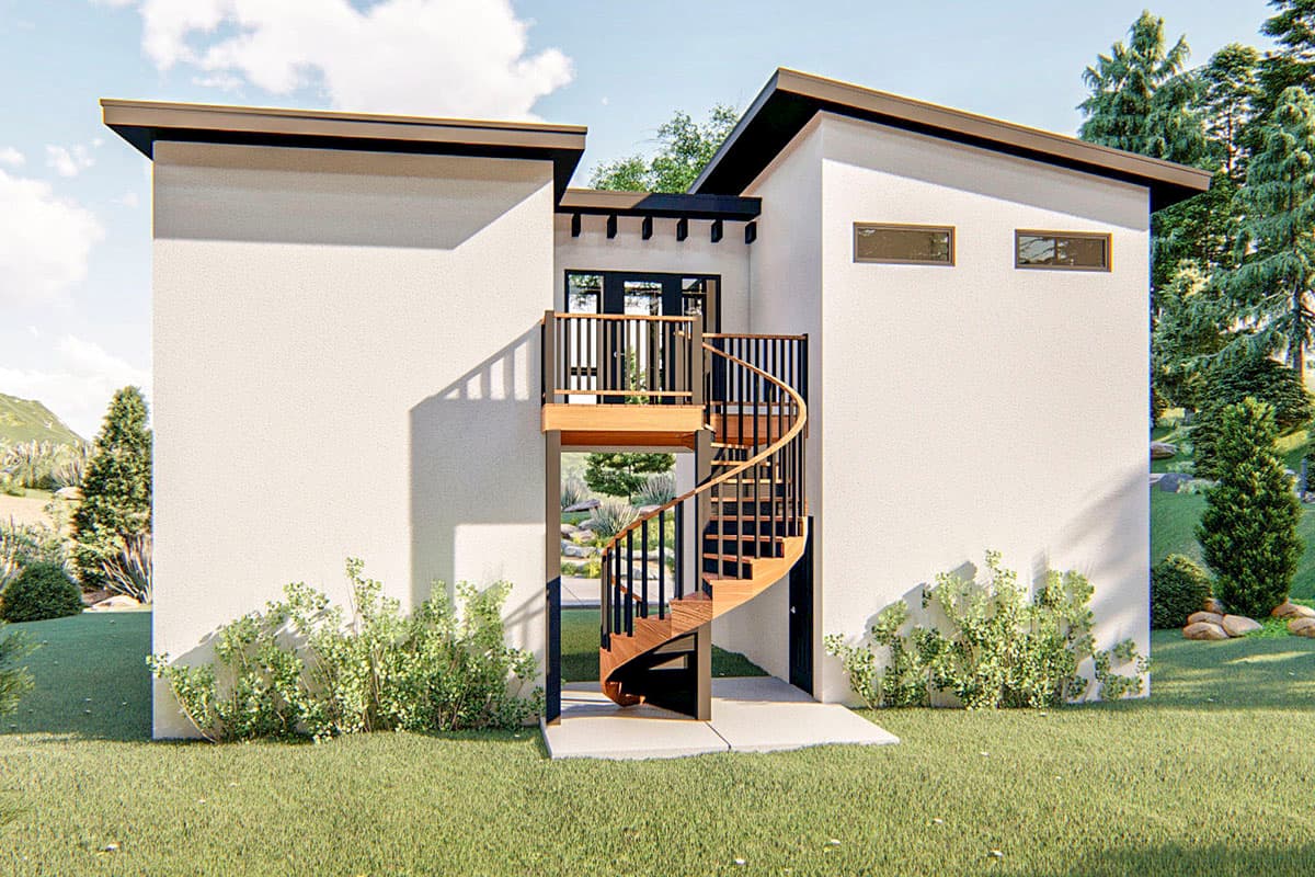 Modern house plan exterior with a central spiral staircase, wood balcony, and flat roof.