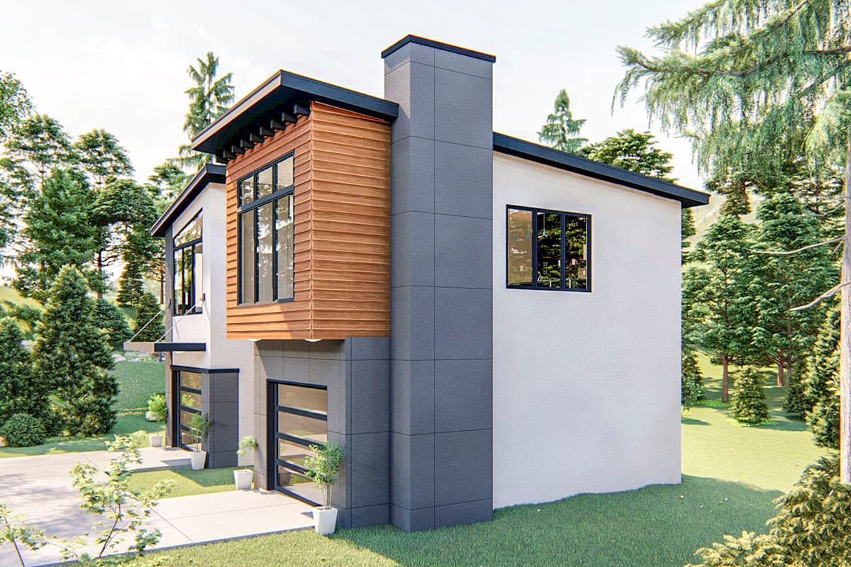 Modern house plan exterior with two stories, wood siding accent, large windows, and two glass garage doors.