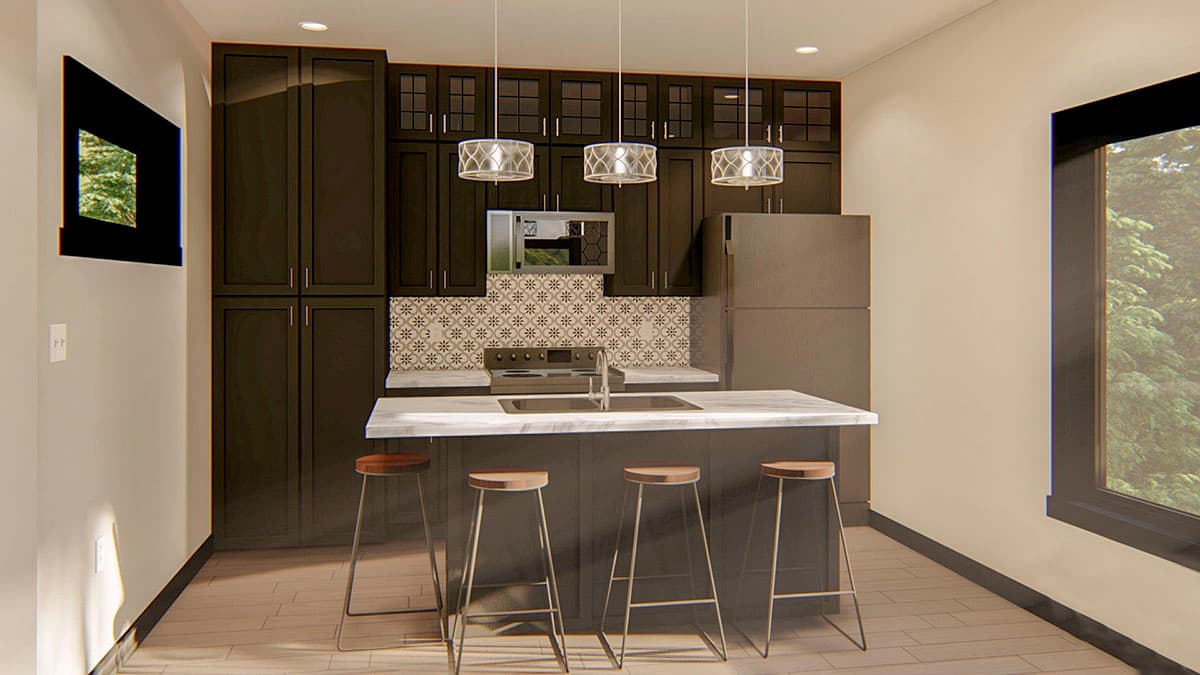 Kitchen rendering with dark cabinets, island with seating, patterned backsplash, and stainless steel appliances.