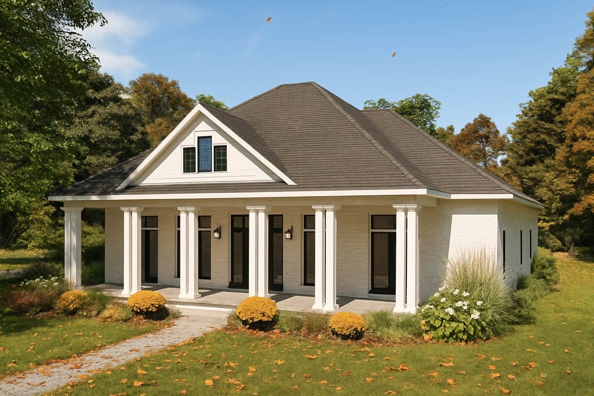 House plan exterior. One-story structure with a gabled roof. Features include a front porch with columns and a decorative gable end.