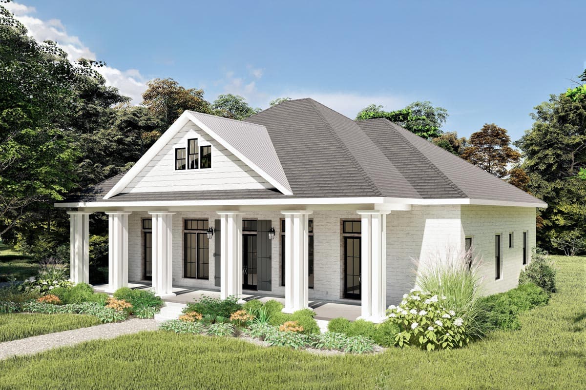 House plan exterior: one-story home with a covered front porch supported by columns, a gable dormer with three windows, and white brick siding.