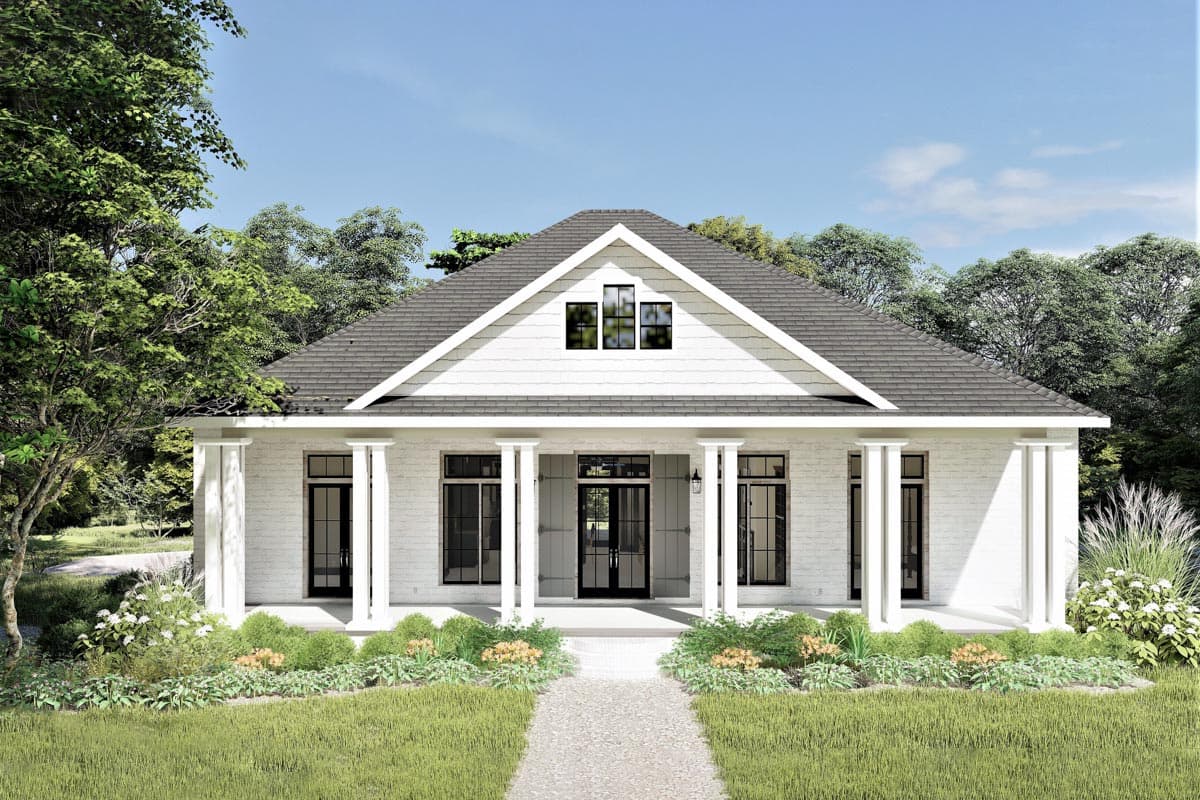 House plan exterior of a one-story Modern Farmhouse with a deep covered porch, gable dormer, and brick facade.